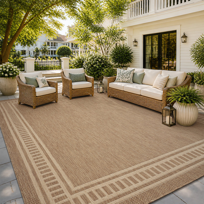 Tapis intérieur/extérieur avec bordure géométrique moderne, Rectangle 5' x 7'