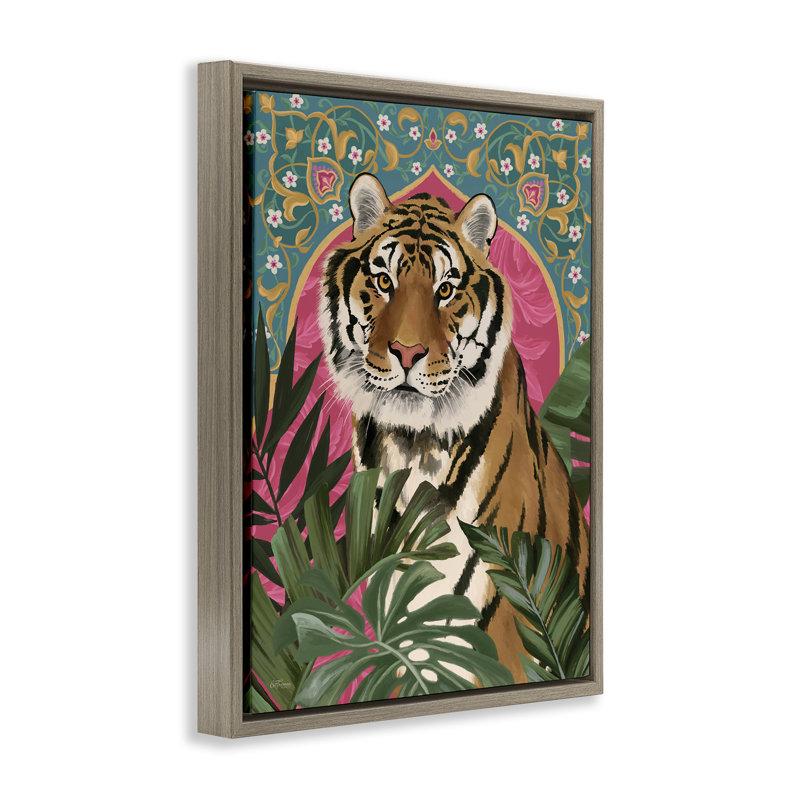 «Arabesque Tiger & Plants» par Cat Thurman Designs, Cadre flottant orme Montalcino, H 21 po x l 17 po