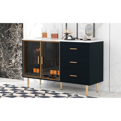 Buffet moderne bleu marine, avec plateau en marbre et portes en verre ambré, pieds en métal doré pour une armoire pratique de luxe, portes de table en ambre