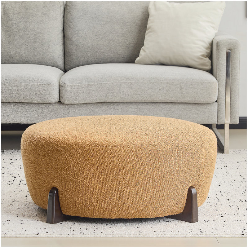 Modish Round Ottoman: Boucle Top with Splayed Rubber Wood Legs, Pumpkin Orange, Pumpkin Orange