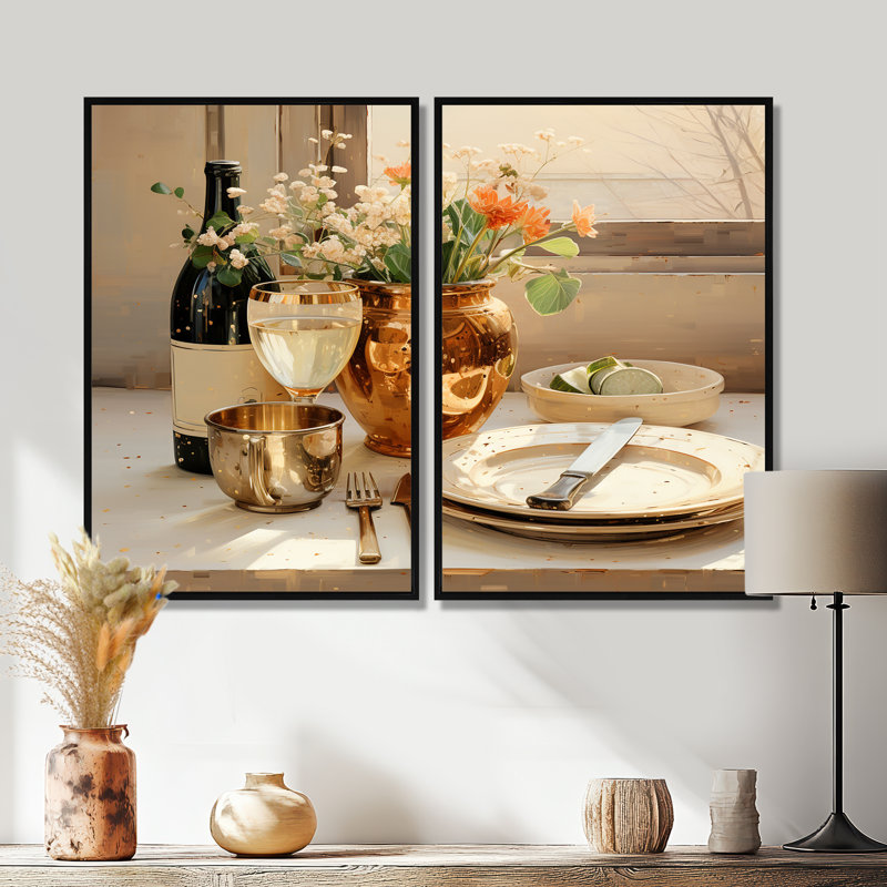 «Beige Wine Essence Kitchen», ensemble de 2 pièces d'art mural sur toile, Black, 36" H x 48" W, Impression encadrée flottante