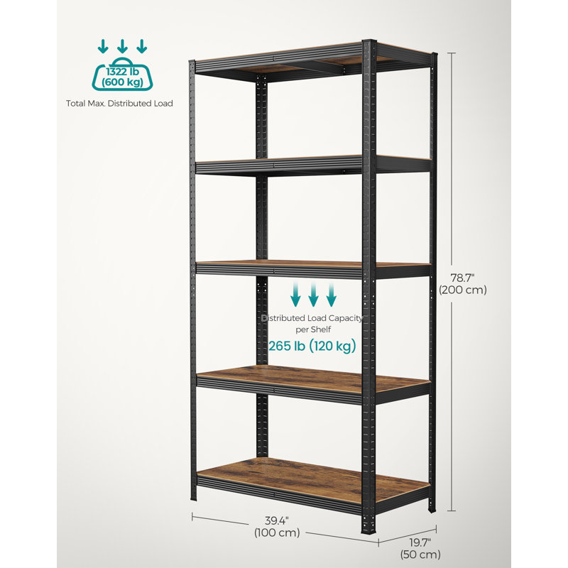 Desi Steel Standard Bookcase, 200cm H x 100cm W x 50cm D, Rustic Brown/Black