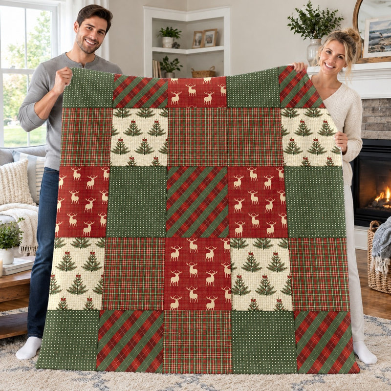 1pc Cozy Christmas Throw Blanket, Festive Plaid Reindeer Tree Quilt Pattern Flannel Blanket, Soft Warm Lightweight Blanket for Sofa Couch Bed Living Room Dorm Office Travel, Home Decor All‑Season Blanket, Machine Washable, Holiday Gift