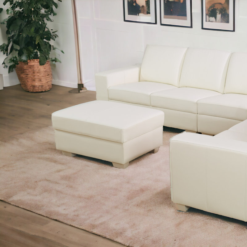 Repose-pieds en cuir véritable de 36,5 po Kamiyla, Cuir véritable blanc