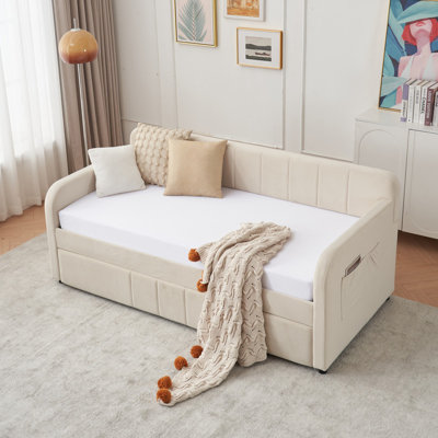 Velvet Upholstered Storage Daybed with Trundle,Side Pocket