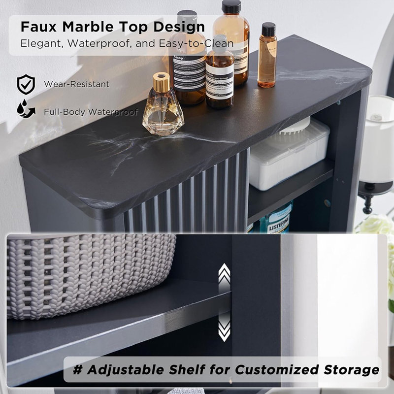 Armoire de salle de bain murale avec porte coulissante cannelée, armoire à pharmacie moderne avec plateau en faux marbre et tablette réglable, organisateur de rangement mural à profil incurvé