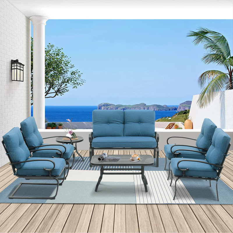 Basilius 6 - Person Patio Conversation Set with Cushions, Peacock Blue