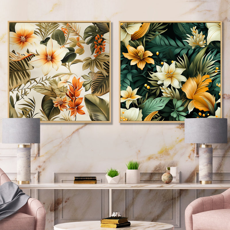 Nirupa - ensemble de 2 reproductions d'art murales Bouquets assortis, Encadrement brun, H 36 po x l 73 po x P 1,5 po