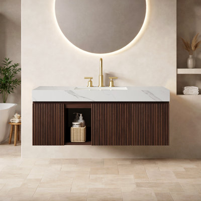 Meuble-lavabo de luxe en noyer de 122 cm avec lavabo intégré, style milieu du siècle, meuble-lavabo moderne en pierre frittée.