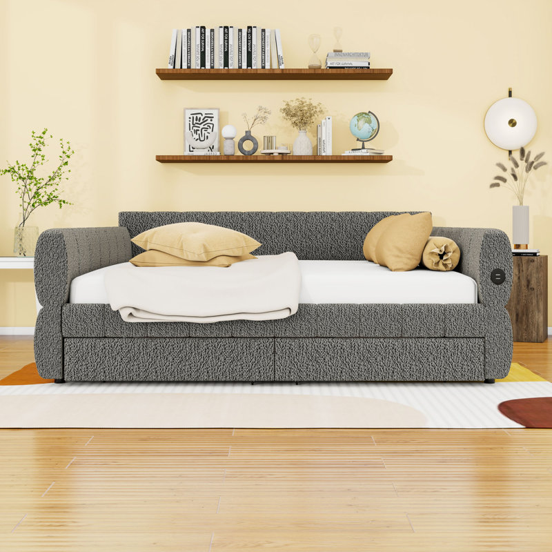 2 Drawers King Upholstered Platform Bed with USB Charging Ports and Center Legs, Gray