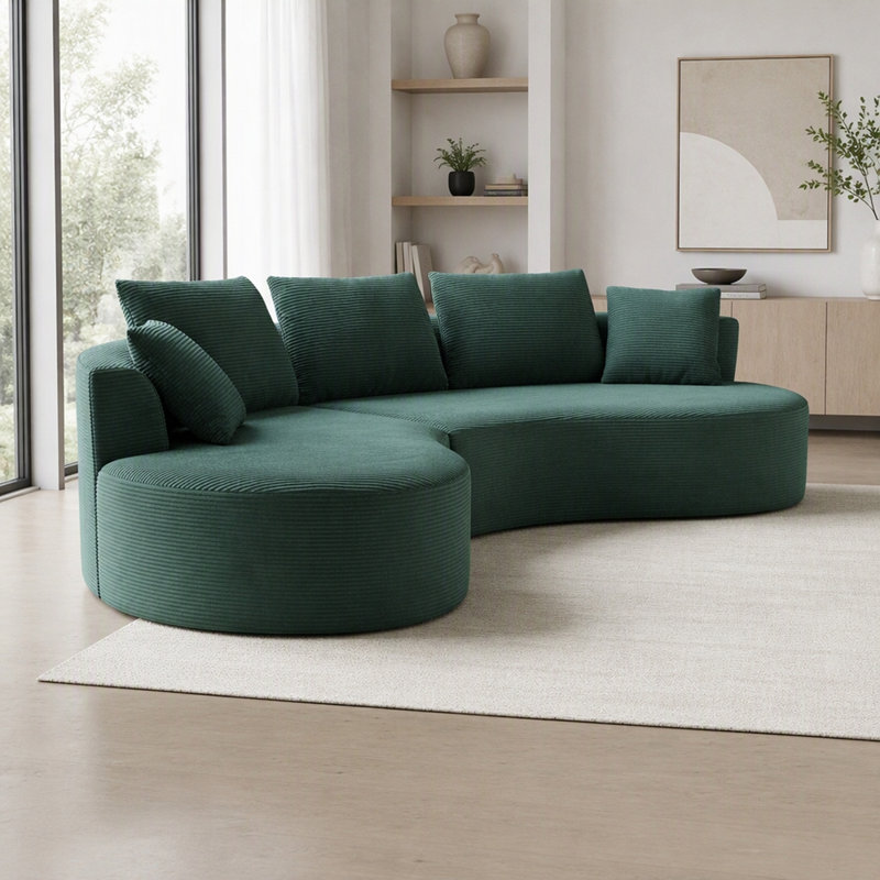 Canapé d'angle modulaire incurvé 2 pièces avec coussins, mobilier de salon minimaliste et ergonomique, assise moderne, aucun assemblage requis, canapé et méridienne, vert foncé