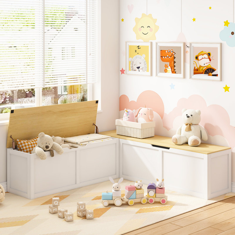 Banc de rangement à angle droit avec beaucoup de rangement, idéal pour les coins, la fonction de table à manger et à intégrer, système de support en métal bicolore blanc et bois, peut être ajusté à différentes occasions