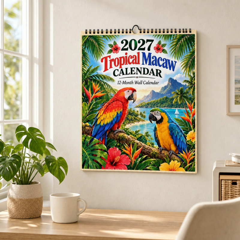 Calendrier suspendu 2027 avec oiseaux tropicaux