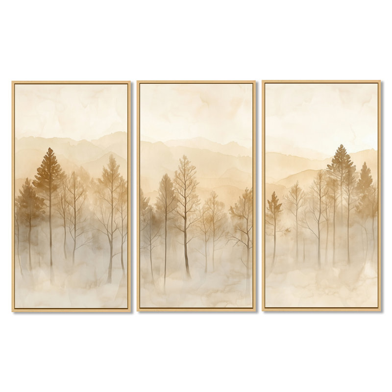 «Latte Forest Mist Glow I - Woodland», ensemble de 3 toiles encadrées, H 32 po x l 48 po, Cadre naturel flottant
