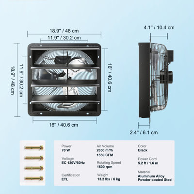 Ventilateur d'extraction à volets, 16 po avec contrôleur de température et d'humidité, 1550 pi³/min, ventilateur mural de grenier réglable à 10 vitesses, moteur EC, ventilation et refroidissement pour serres, garages, hangars, homologué ETL