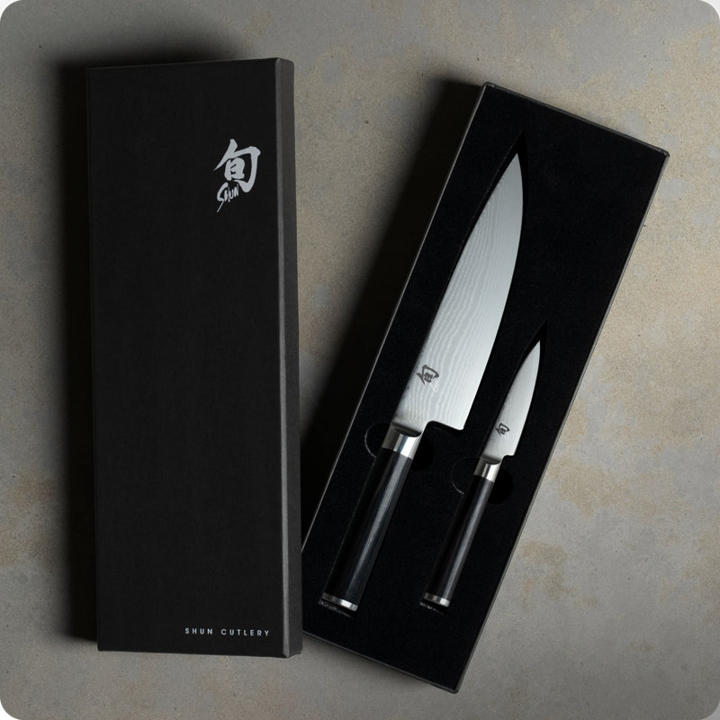 Shun Classic 2 Piece Starter Set, Includes 8" Chef and 3.5” Paring Knives, Handcrafted Japanese Knife Set, VG-MAX Core with Damascus Stainless Steel Cladding, Pakkawood Handle