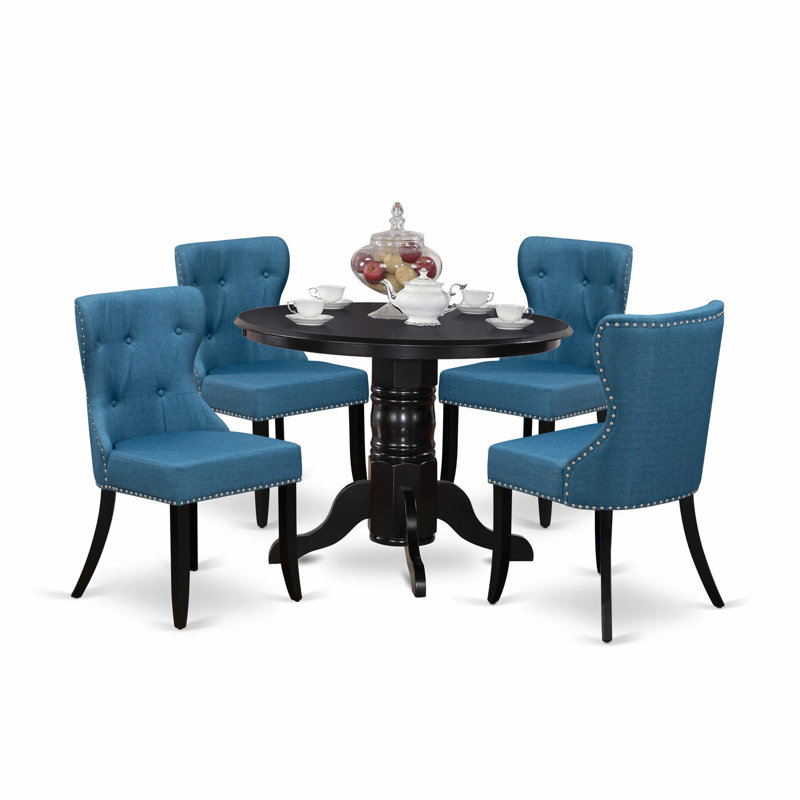 5 Piece Dining Table Set for 4 Includes a Round Kitchen Table with Pedestal and 4 Blue Linen Fabric Parsons Dining Chairs, Black