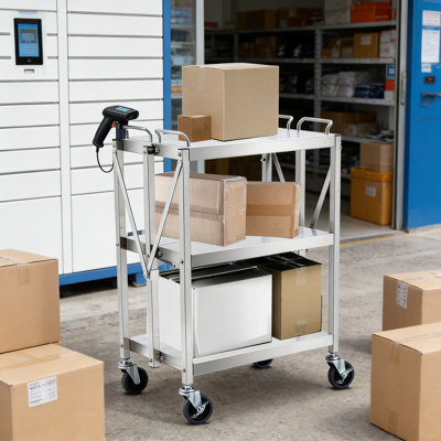Heavy-Duty Stainless Steel Utility Cart With 400 LB Capacity, 3-Tier Foldable Design, 360° Lockable Wheels For Restaurant, Kitchen, Garage, And Office Use