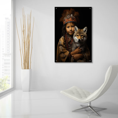 Art mural en verre épique «Native American Child With Wolf Cub 2» par Momart