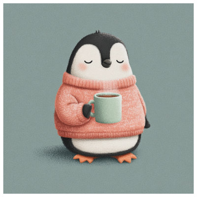 Pingouin avec tasse à café sur toile tendue en plusieurs tailles