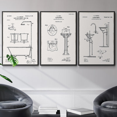 "Vintage Bath II", ensemble de 3 toiles encadrées