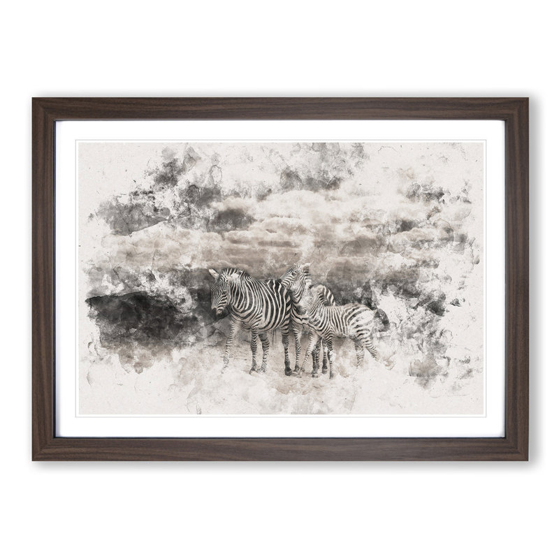 Three Zebras in the Wild Watercolour - Picture Frame Graphic Art Print, Walnut Framed, 40cm H x 60cm W x 2cm D