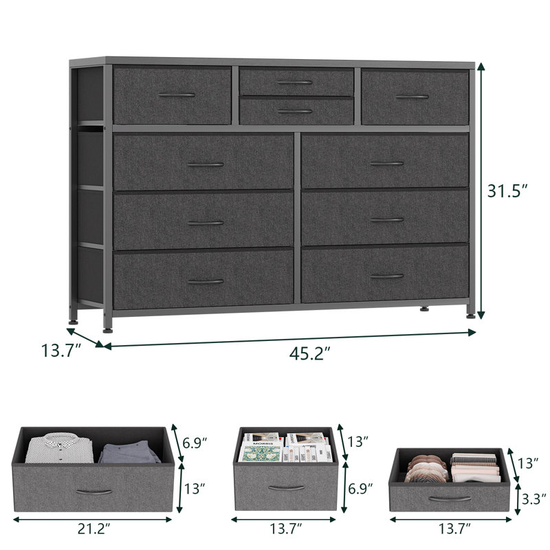 10 Drawers Dresser, Fabric Storage Drawers For Closets, Black