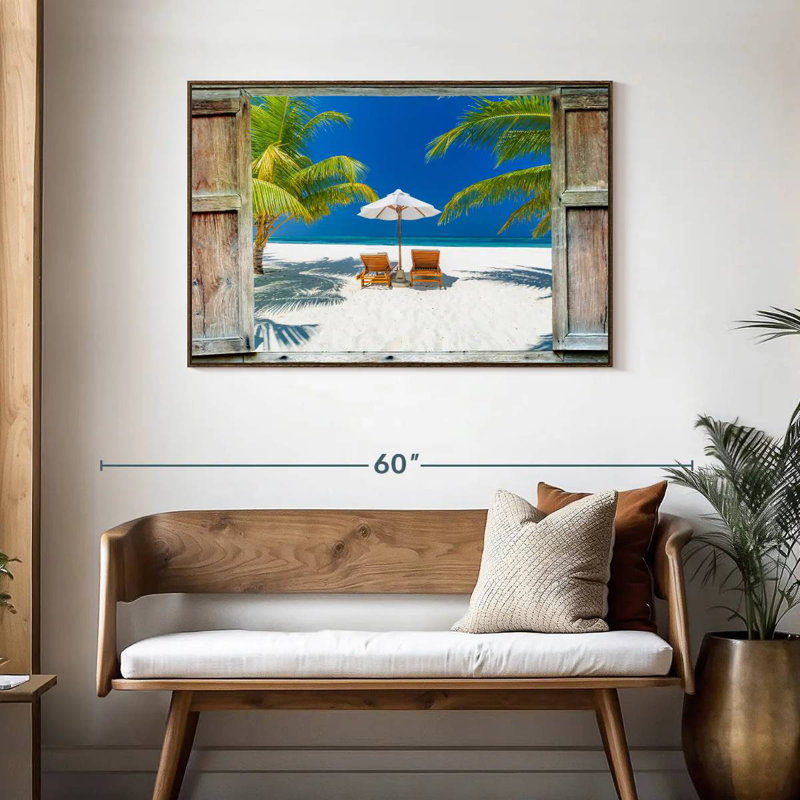 Fenêtre sur la côte des Maldives, 43 po x 29 po, Cadre flottant en noyer