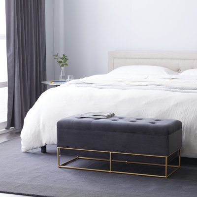 Lowes Flip Top Gray Velvet Storage Bench with Gold Base by Everly Quinn