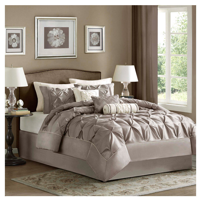 Laurel 7 Piece Tufted Comforter Set, Taupe, Queen Comforter + 1 Bed Skirt + 2 Shams + 3 Decora