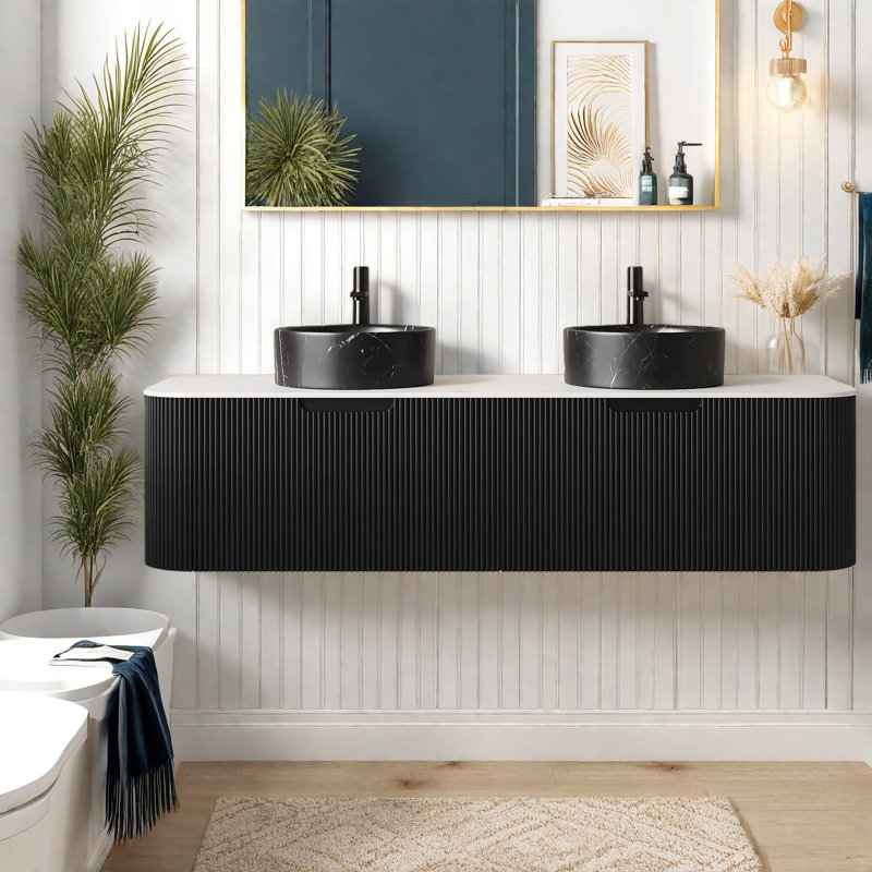 Floating Vanities With Curved Storage, Ceramic Sinks, Modern Style