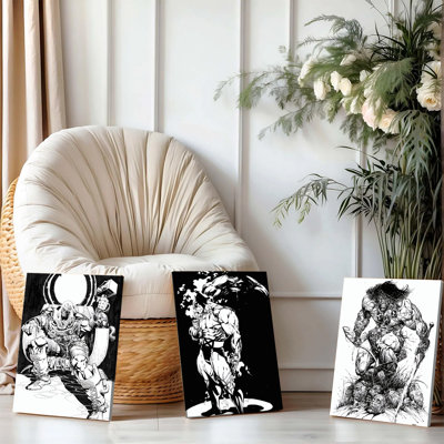3PCS Wall Arts Posters Framed,  Monochrome Comic Style Wall Art Set of 3, Black and White Superhero Character Prints, Modern Abstract Decor for Living Room Bedroom Office, Premium Canvas Artwork with Bold Ink Illustrations