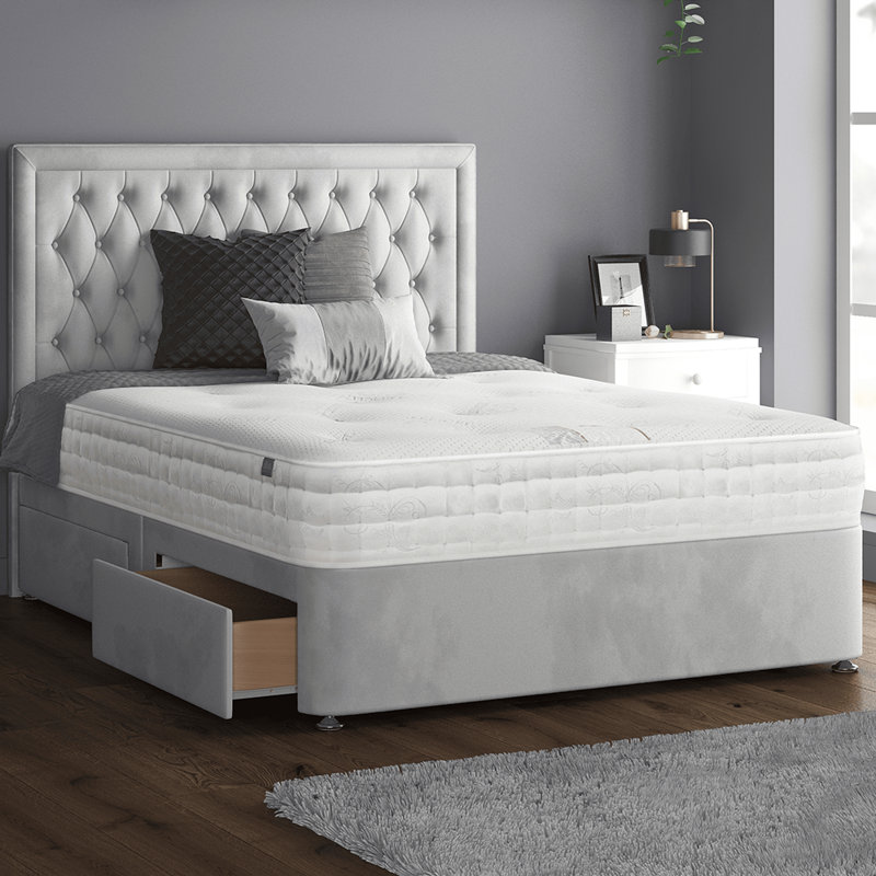 Gallego Upholstered Divan Bed, Single (3'), Silver, 2 Left Drawers