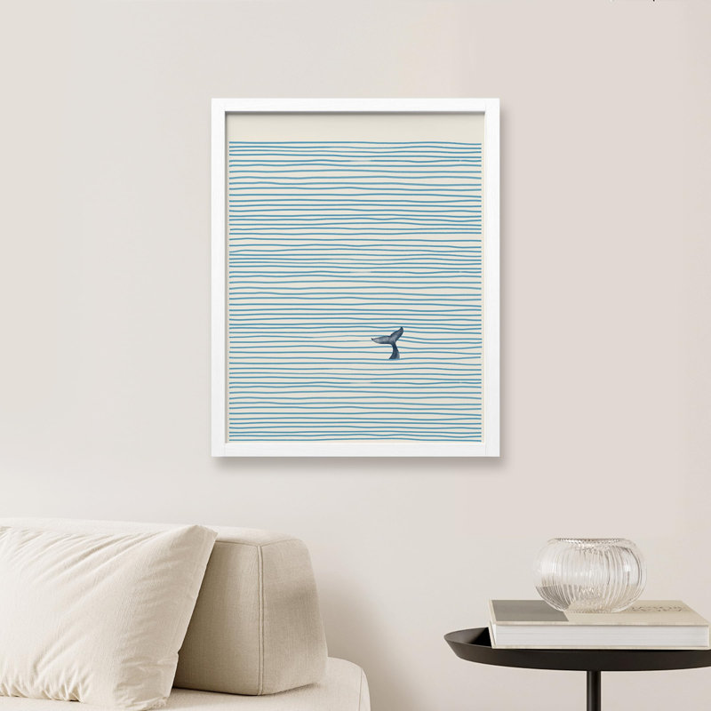 «Baleine solitaire, queue nautique rayée» sur papier, Blanc, H 10 po x l 8 po