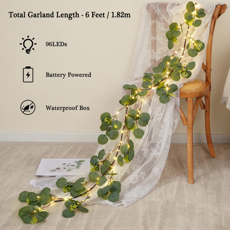 6FT Eucalyptus Garland with Timer – Artificial Cedar Tree Garland