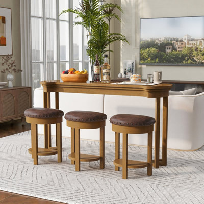 Solid Wood Bar Table Set with 3 Stools, Natural Veneer Finish, Space-Saving Design for Small Kitchens and Living Rooms.