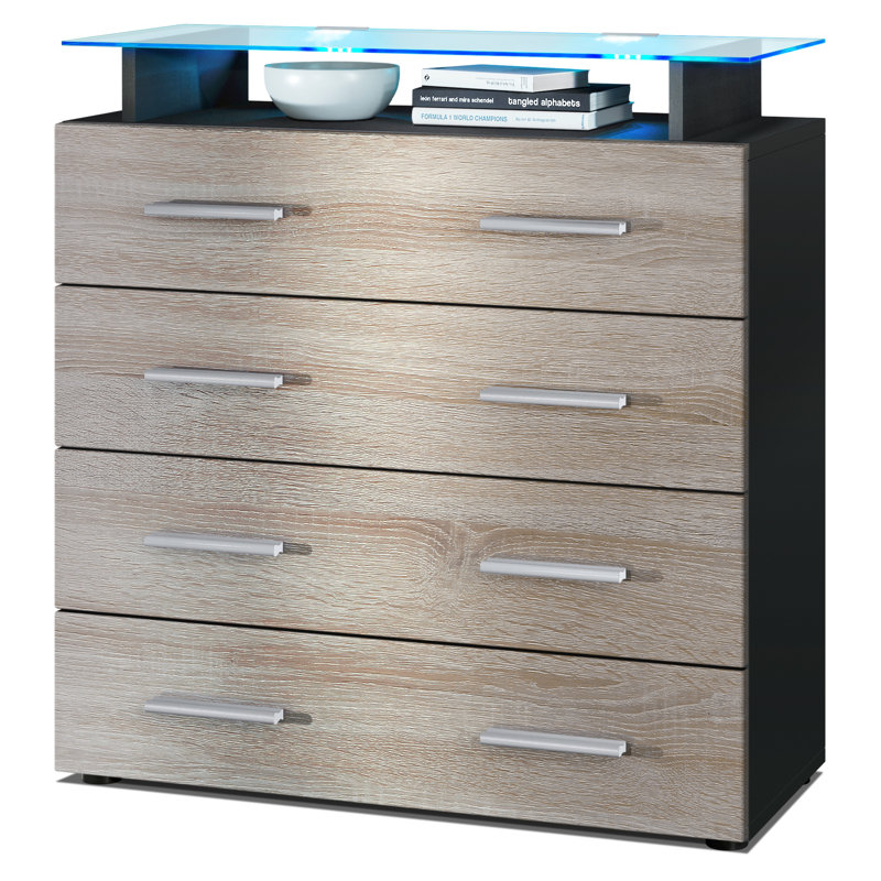 Mazur 4 Drawer 76cm W Chest, Black/Rough-hewn Oak, With LED