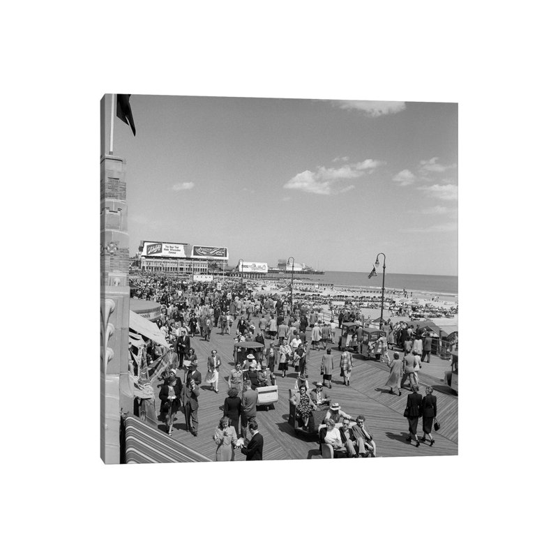 1950s Crowd People Men Women Children Boardwalk Atlantic City NJ USA by Vintage Images - Wrapped Canvas Print