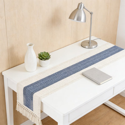 Macrame Style Table Runner With Bicolor Stitching And Fringed Edges, Boho Farmhouse Woven Home Decor, 72 Inch Length