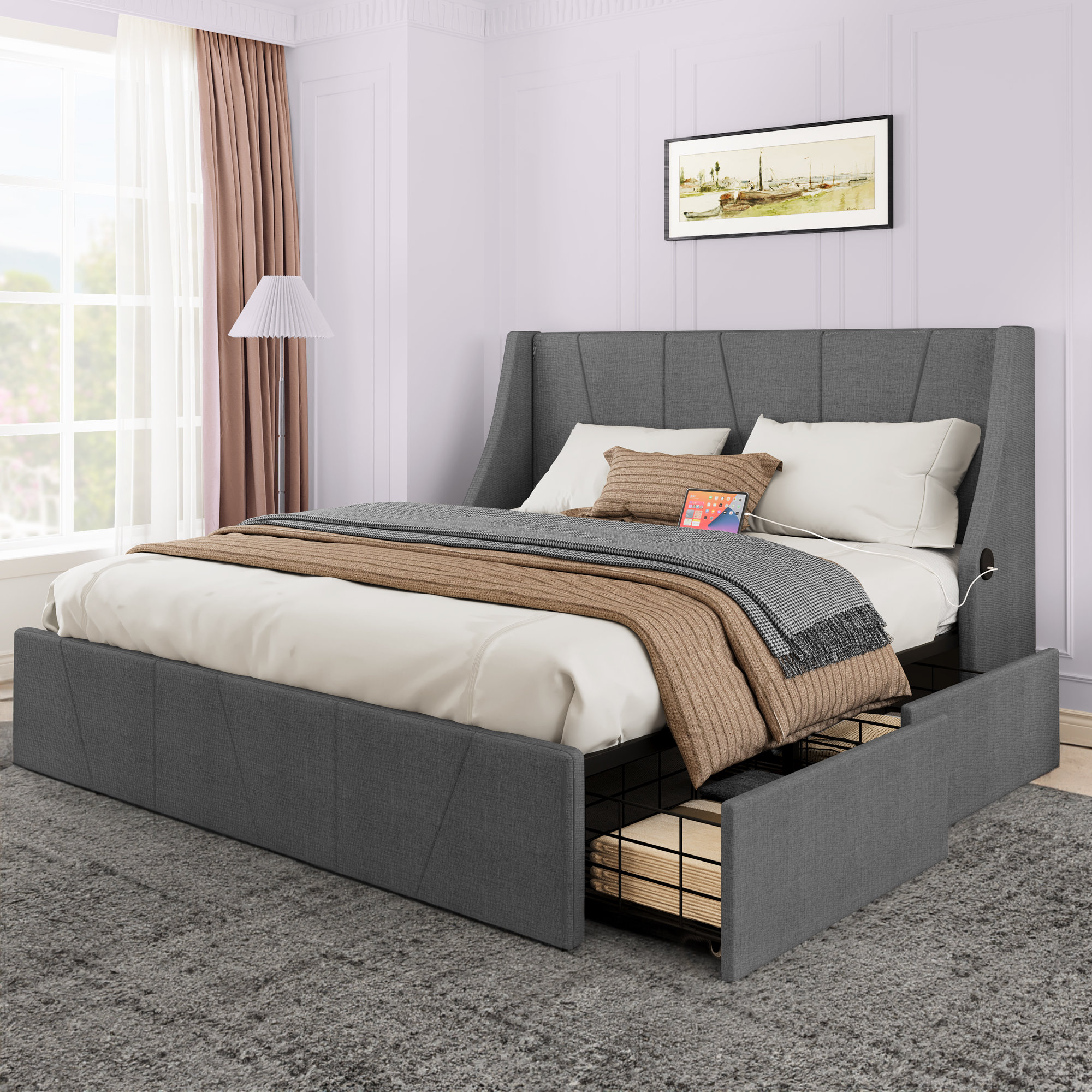 Wade Logan Begum Tufted Upholstered Wingback Storage Bed with Built-in ...