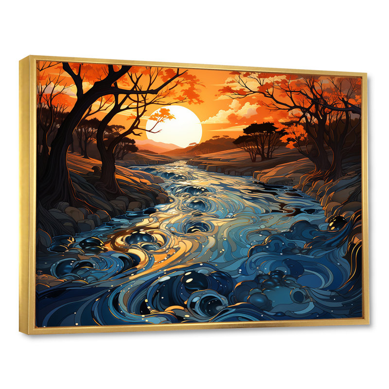 Orange et bleu, rivière, voyage serein I - rivière, art mural, Cadre flottant doré, H 30 po x l 40 po x P 1,5 po