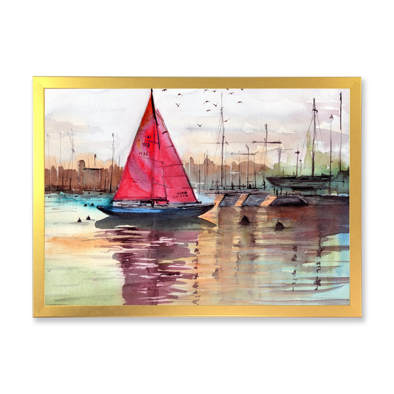 Un voilier dans une marina avec des bateaux et des bâtiments - reproduction sur toile, H 30 po x l 40 po, Encadrement doré
