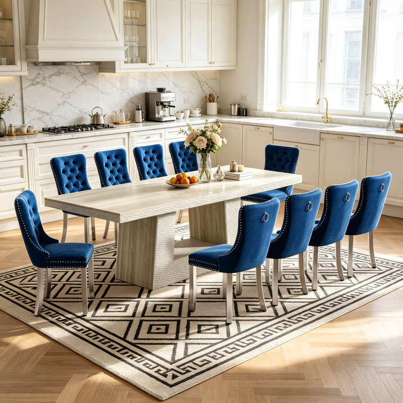 Ensemble de salle à manger extensible 160-240 cm pour 10 personnes avec piétement trapézoïdal en bois, plateau extensible, 6 à 10 couverts, design martelé, style moderne du milieu du siècle, ensemble de cuisine rectangulaire 11 pièces en bois, chaises recouvertes de velours