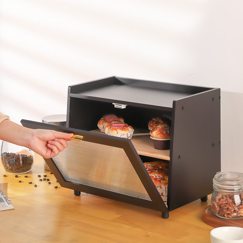 Double Layer Bread Box For Kitchen Counter, Large Capacity Bread Storage Container Bread Box, Black