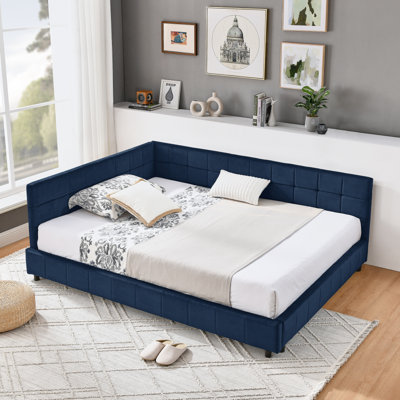 Structure de lit double capitonnée capitonnée, structure de canapé-lit avec dossier et accoudoirs confortables, lit double pour chambre à coucher, salon, velours, bleu foncé (80,5 po x 59 po x 30,5 po)