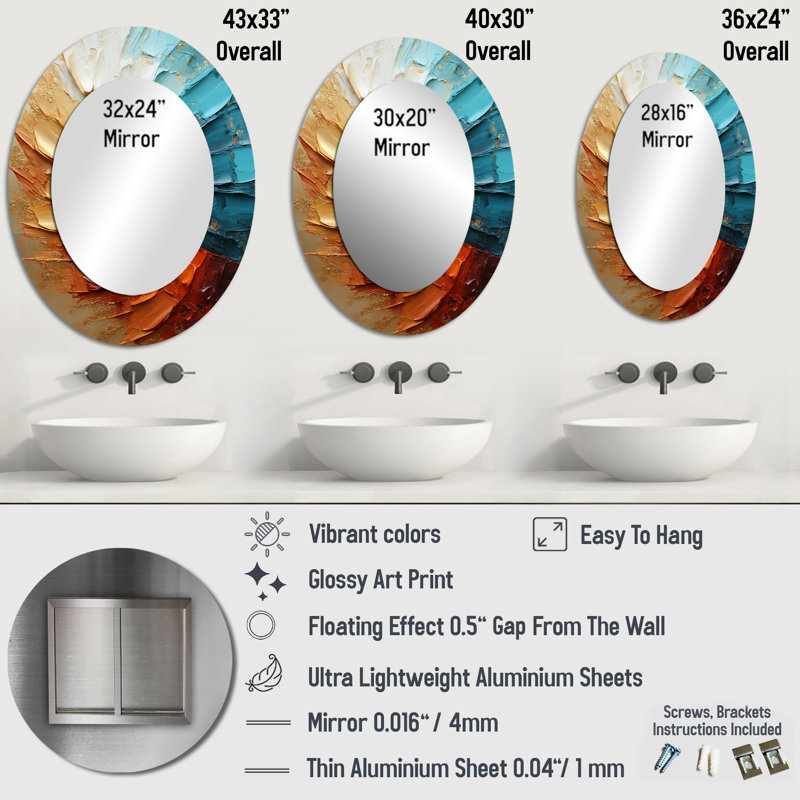 Gold Blue Desert Mirage Spiral - Modern Oval Wall Mirror, 40" x 30"