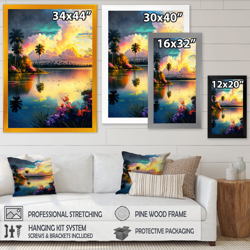 «Winstead Beautiful Sunset over a Tropical Lake IV», reproduction sur toile, Cadre photo noir, L 12 po x H 20 po