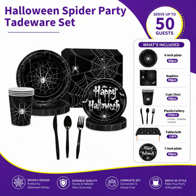 351‑Piece Halloween Party Tableware Set, Black & White Disposable Dinner Supplies, Paper Plates, Napkins, Cups, Plastic Cutlery & Tablecloth, Happy Halloween Themed Kit for Holiday Parties
