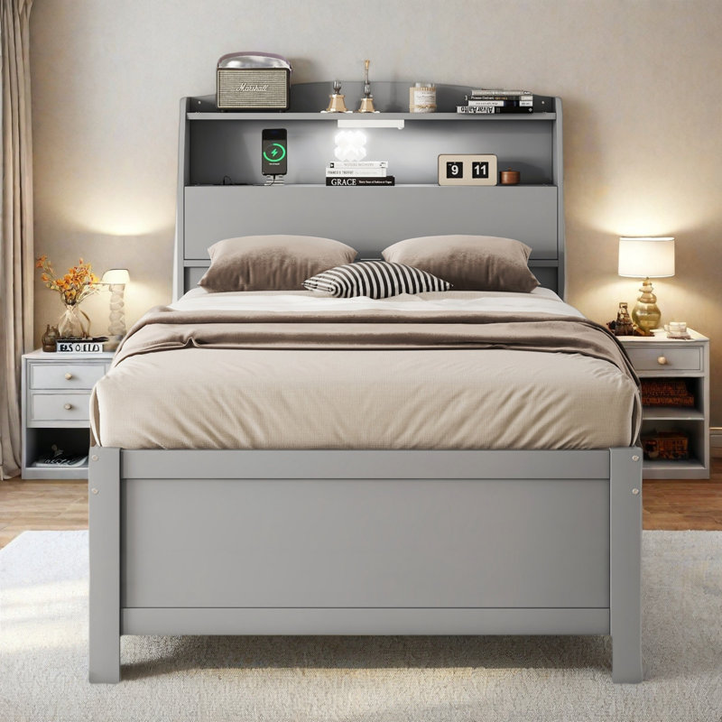 Lit plateforme en bois avec lit gigogne, tête de lit et tiroirs de rangement, Gris, Lit simple
