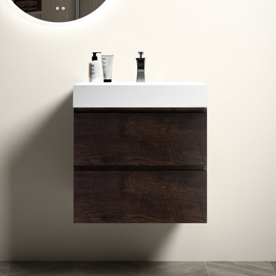 Comptoir de salle de bain en noyer de 61 cm (24 po) - Meuble-lavabo avec grand espace de rangement, lavabo blanc, fini lisse et silencieux, sans robinet ni bonde, tiroirs à fermeture douce, préassemblé